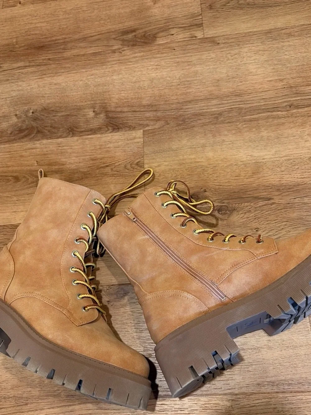 Dolce Vita Tan Lace-Up Combat Boots with Yellow-Trim Laces